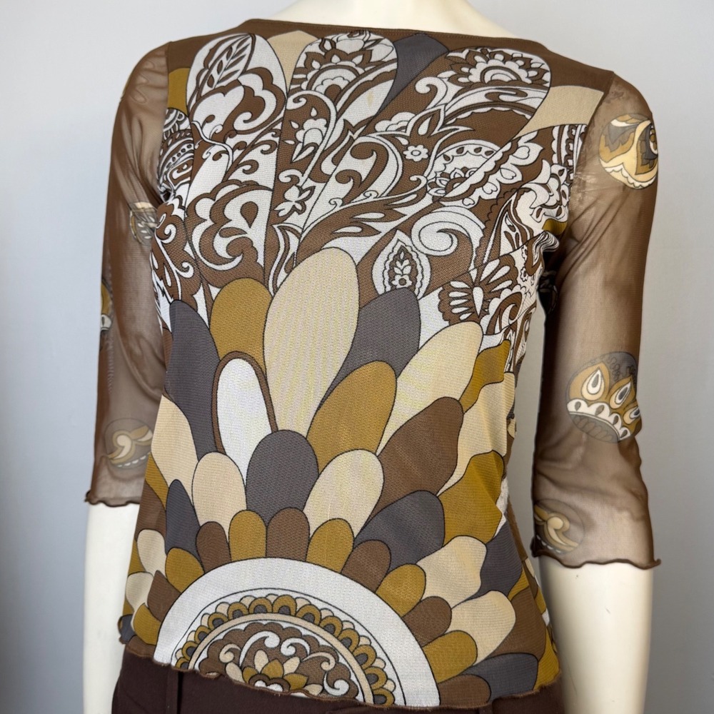 Donna Mesh Top 70s Psychedelic Floral Sheer Lettuce Edge Brown Whimsigoth Y2K M